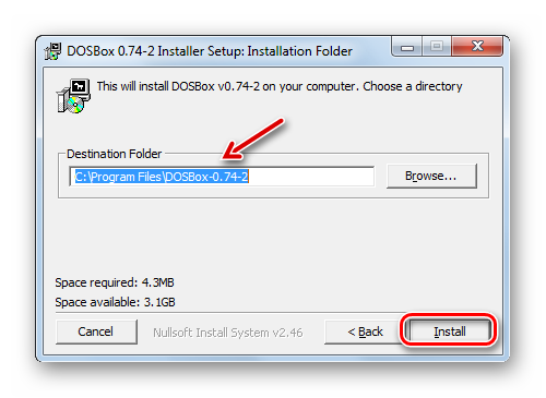 Запуск инсталляции эмулятора в окне Мастера установки программы DosBox в Windows 7